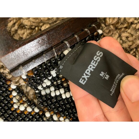 Express Beaded Mosiac Diamond Print Belt Womens Sz M Wooden Buckle Boho Western - Picture 6 of 8